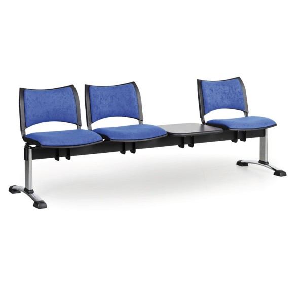 Ławka do poczekalni tapicerowana SMART, 3 siedzenia + stołek, niebieski, chromowane nogi