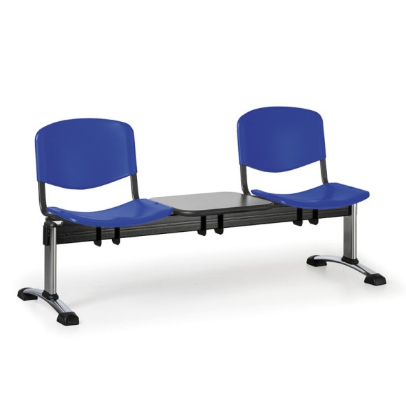 Ławka do poczekalni plastikowa ISO, 2-siedziska + stolik, niebieski, chromowane nogi