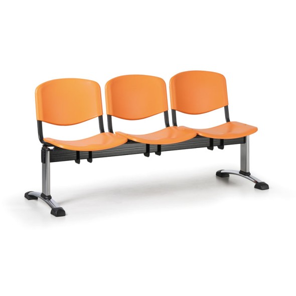 Ławka do poczekalni plastikowa ISO, 3-siedziska, pomarańczowy, chromowane nogi