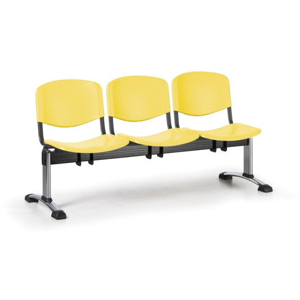 Ławka do poczekalni plastikowa ISO, 3-siedziska, żółty, chromowane nogi