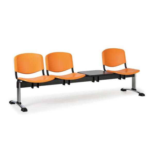 Ławka do poczekalni plastikowa ISO, 3-siedziska + stolik, pomarańczowy, chromowane nogi