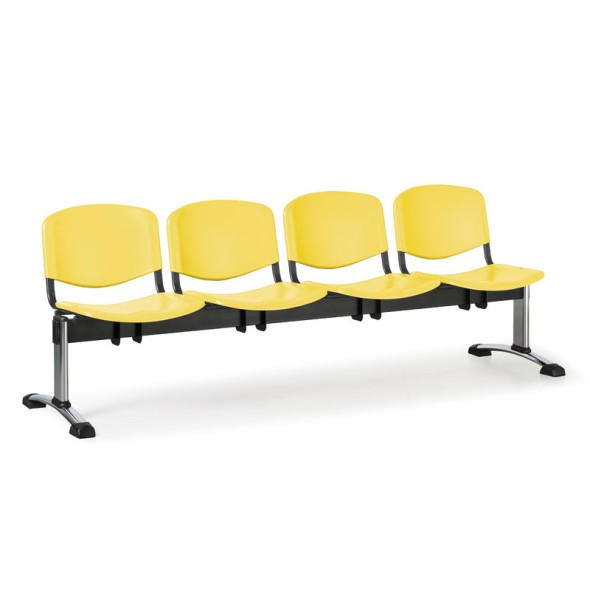 Ławka do poczekalni plastikowa ISO, 4-siedziska, żółty, chromowane nogi