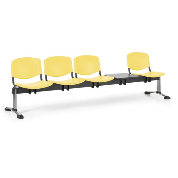 Ławka do poczekalni plastikowa ISO, 4-siedziska + stolik, żółty, chromowane nogi