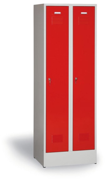 Metalowa szafka ubraniowa na cokole, 2 przegródki, czerwone drzwi, zamek cylindryczny