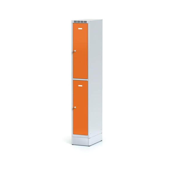 Metallspind auf Sockel mit Aufbewahrungsboxen, 2 Boxen, Tür orange, Zylinderschloss