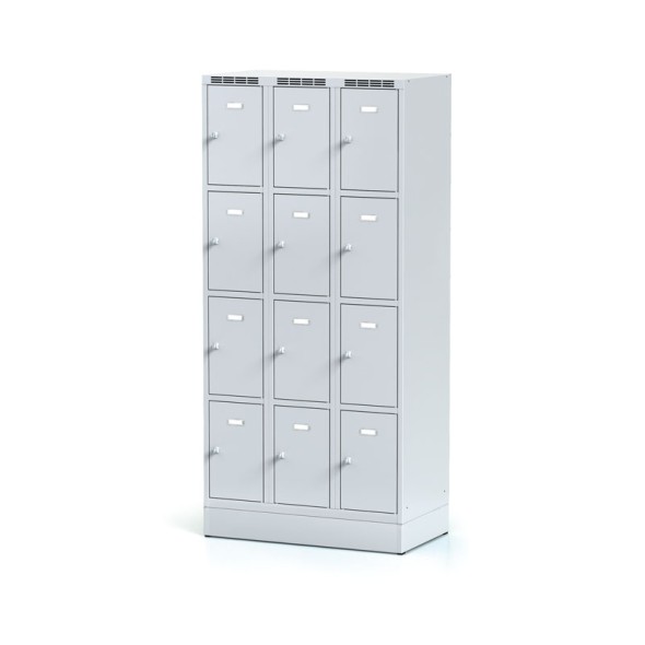 Metallspind auf Sockel mit Aufbewahrungsboxen, 12 Boxen, graue Tür, Drehriegelschloss
