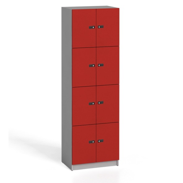 Schließfachschrank aus Holz mit Aufbewahrungsboxen, 8 Boxen, Codeschloss,, rot