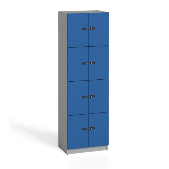 Schließfachschrank aus Holz mit Aufbewahrungsboxen, 8 Boxen, Codeschloss, blau