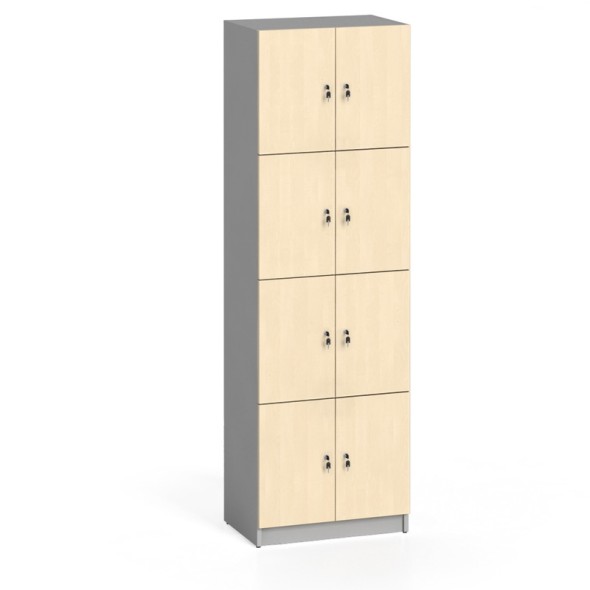 Schließfachschrank aus Holz mit Aufbewahrungsboxen, 8 Türen, 2x4, Grau / Birke