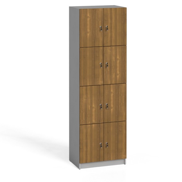 Schließfachschrank aus Holz mit Aufbewahrungsboxen, 8 Türen, 2x4, Grau / Nussbaum