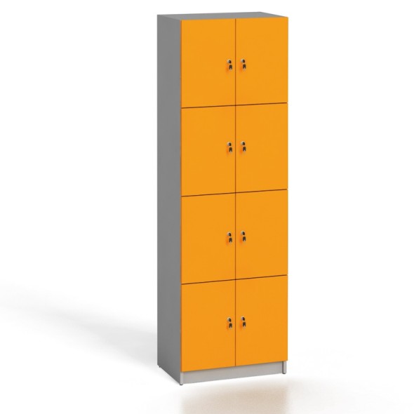 Schließfachschrank aus Holz mit Aufbewahrungsboxen, 8 Türen, 2x4,  Grau / orange