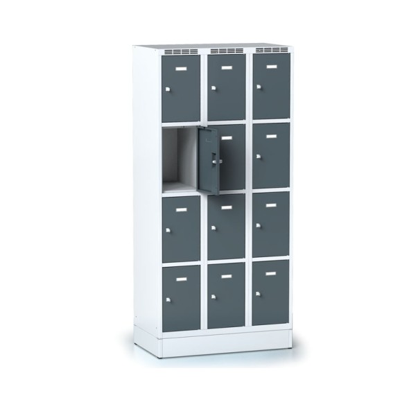 Metallspind auf Sockel mit Aufbewahrungsboxen, 12 Boxen, dunkelgraue Tür, Drehriegelschloss