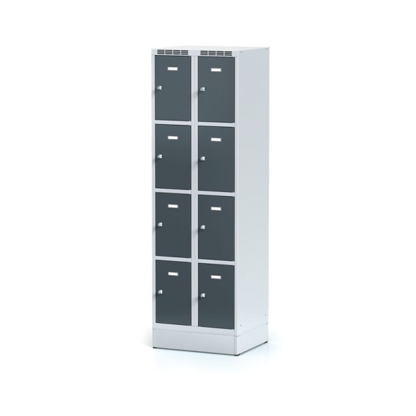 Metallspind auf Sockel mit Aufbewahrungsboxen, 10 Boxen, dunkelgraue Tür, Zylinderschloss