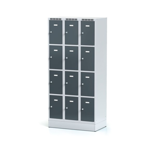 Metallspind auf Sockel mit Aufbewahrungsboxen, 12 Boxen, dunkelgraue Tür, Zylinderschloss