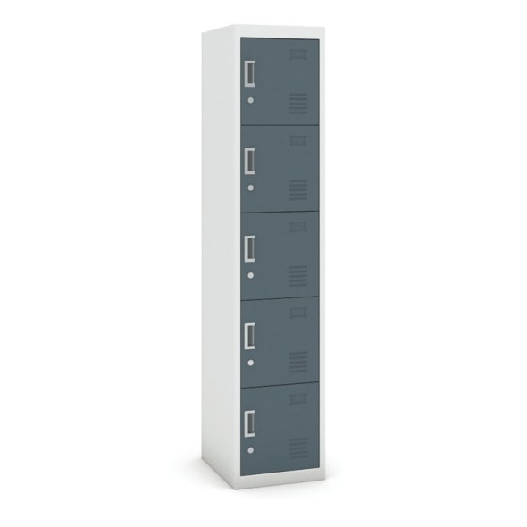 Schließfachschrank aus Blech mit Aufbewahrungsboxen, fünf Türen, Zylinderschloss, 1800 x 380 x 450 mm, grau/dunkelgrau