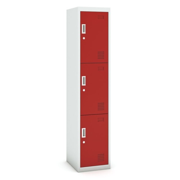 Schließfachschrank aus Blech mit Aufbewahrungsboxen, dreitürig, Zylinderschloss, 1800 x 380 x 450 mm, grau/rot