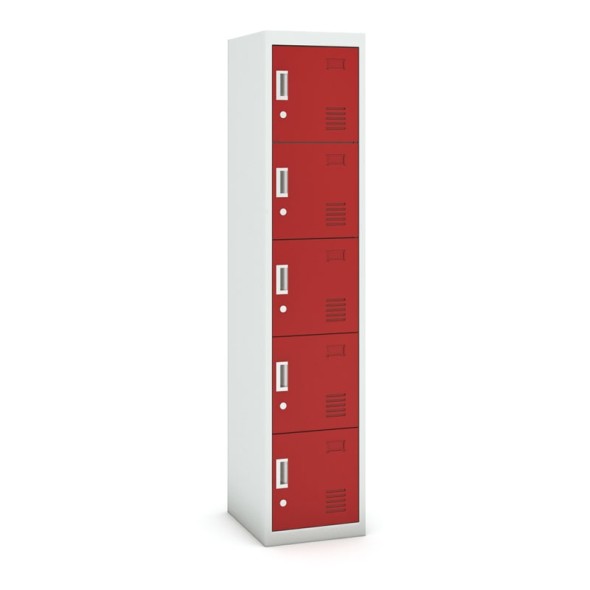 Schließfachschrank aus Blech mit Aufbewahrungsboxen, fünf Türen, Zylinderschloss, 1800 x 380 x 450 mm, grau/rot