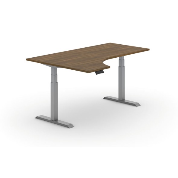 Höhenverstellbarer Tisch PRIMO ADAPT, elektrisch, 1800x1200x625-1275 mm, ergonomisch links, Tischplatte, Nussbaum, Gestell grau