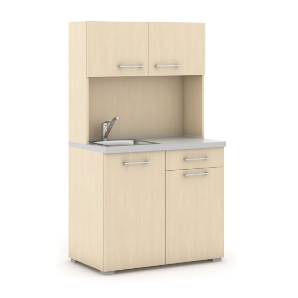 Büroküche PRIMO mit Spülbecken und Mischbatterie, Birke