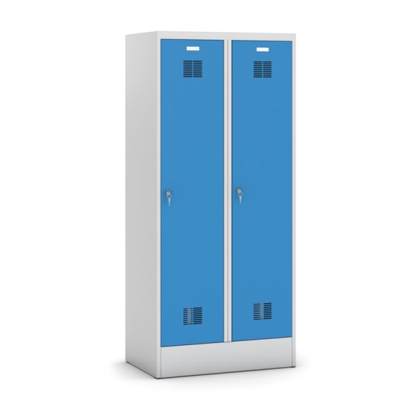 Metallspind mit Zwischenwand auf Sockel, blaue Tür, Zylinderschloss, zerlegt