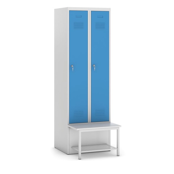 Metallkleiderschrank mit Sitzbank und Regal, blaue Tür, Drehriegelschloss