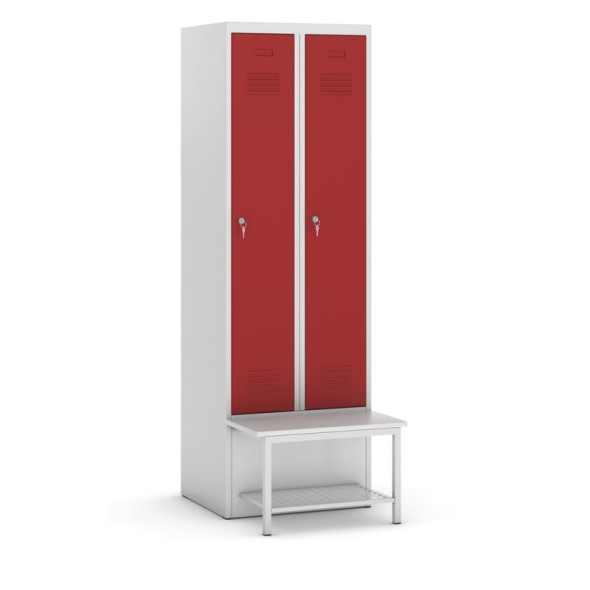 Kleiderschrank Metall mit Sitzbank und Regal, rote Tür, Drehriegelschloss