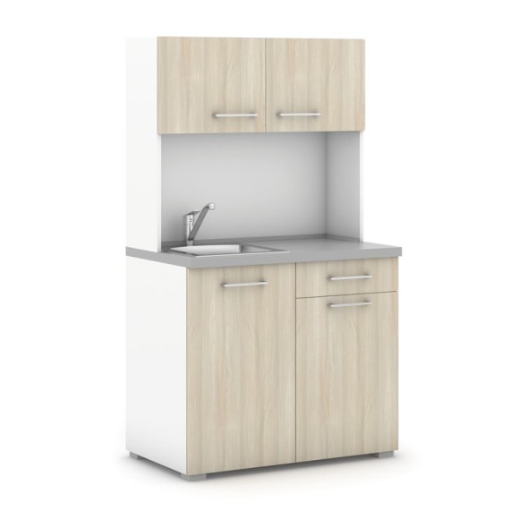 Büroküche PRIMO mit Spülbecken und Mischbatterie, weiß/Eiche natur