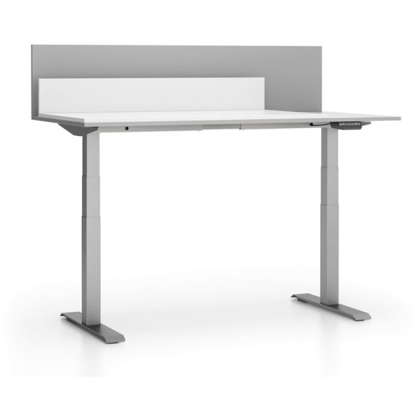 Schreibtisch SINGLE LAYERS, Schiebeplatte, mit Trennwänden, verstellbare Beine, weiß / grau