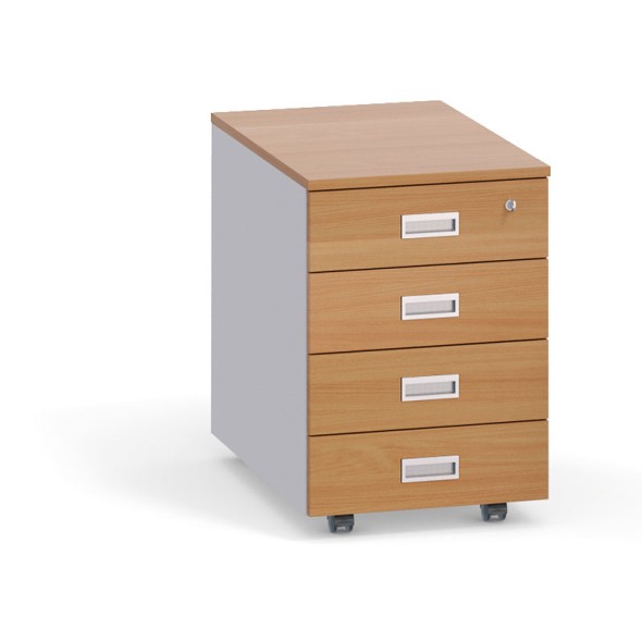 Schreibtischcontainer, Rollcontainer PRIMO, 4 Schubladen, grau / Buche