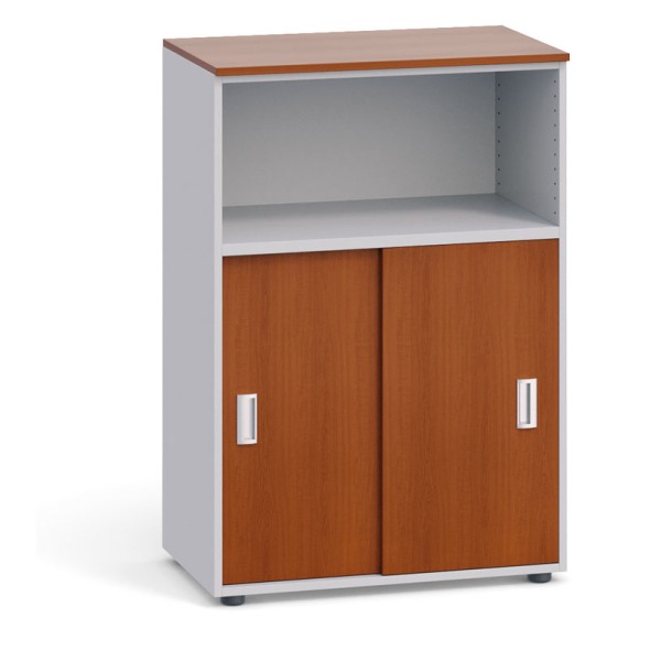 Büroschrank kombiniert, Schiebetür, 1087 x 800 x 420 mm, grau / Kirschbaum