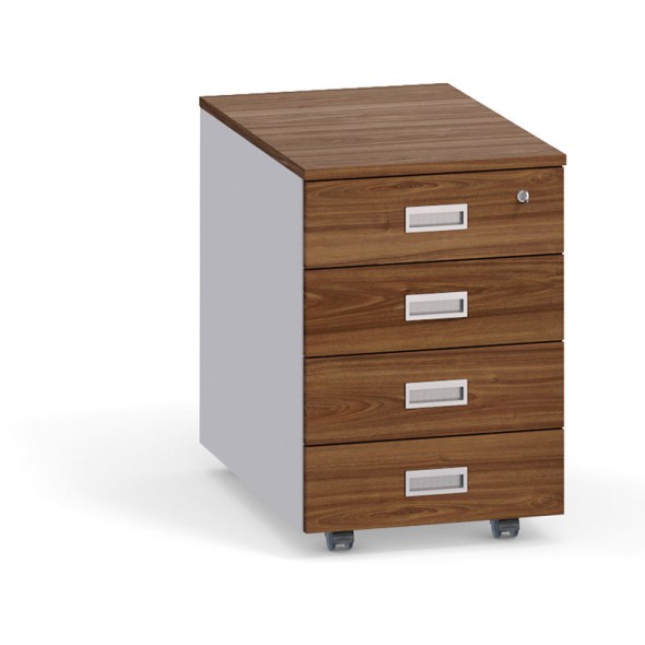 Schreibtischcontainer, Rollcontainer PRIMO, 4 Schubladen, grau / Nussbaum