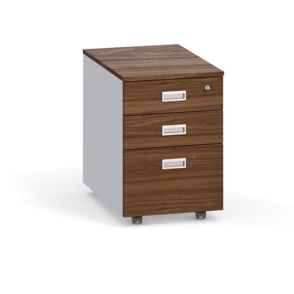 Schreibtischcontainer, Rollcontainer mit Hängeregister PRIMO, 3 Schubladen, grau / Nussbaum