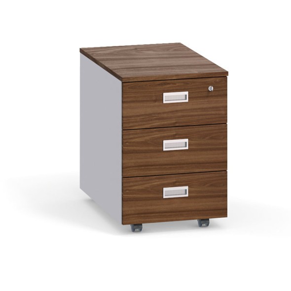 Schreibtischcontainer, Rollcontainer PRIMO, 3 Schubladen, grau / Nussbaum