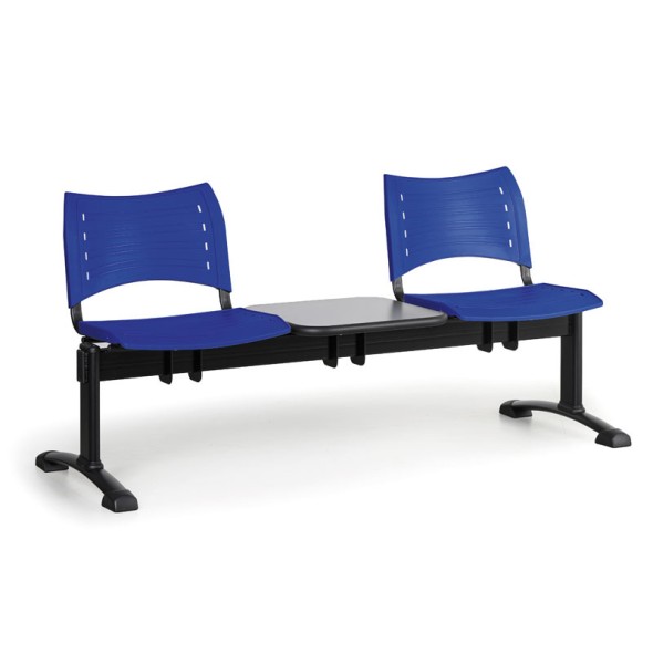 Kunststoff-Wartezimmerbank, Traversenbank VISIO, 2-sitzer + Tisch, blau, schwarze Füße