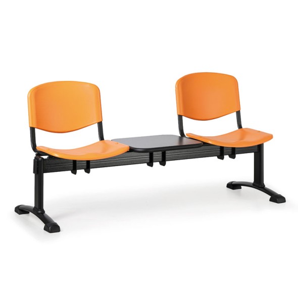 Kunststoff-Wartezimmerbank, Traversenbank ISO, 2-sitzig + Tisch, orange, schwarze Füße