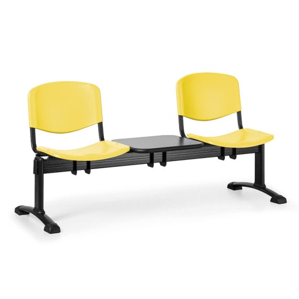 Kunststoff-Wartezimmerbank, Traversenbank ISO, 2-sitzig + Tisch, gelb, schwarze Füße