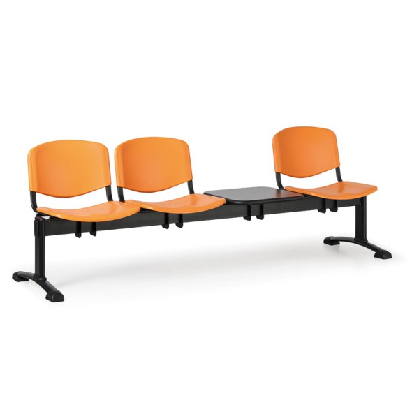 Kunststoff-Wartezimmerbank, Traversenbank ISO, 3-sitzig + Tisch, orange, schwarze Füße