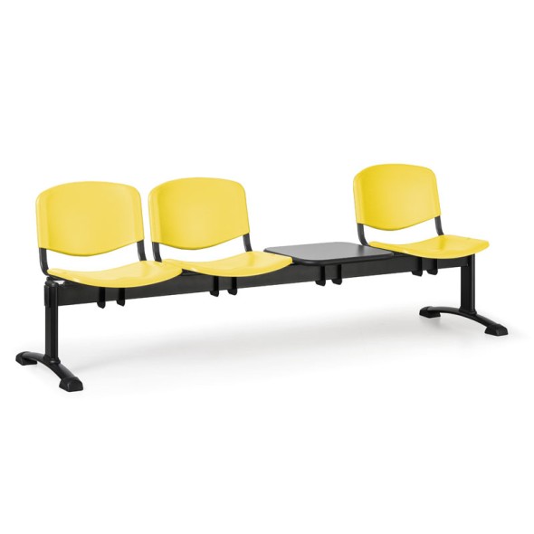 Kunststoff-Wartezimmerbank, Traversenbank ISO, 3-sitzig + Tisch, gelb, schwarze Füße