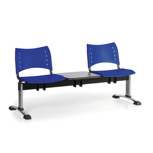 Kunststoff-Wartezimmerbank, Traversenbank VISIO, 2-sitzer + Tisch, blau, verchromte Füße