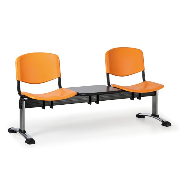 Kunststoff-Wartezimmerbank, Traversenbank ISO, 2-sitzig + Tisch, orange, verchromte Füße