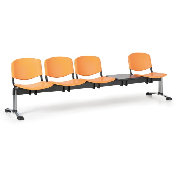 Kunststoff-Wartezimmerbank, Traversenbank ISO, 4-sitzig + Tisch, orange, verchromte Füße