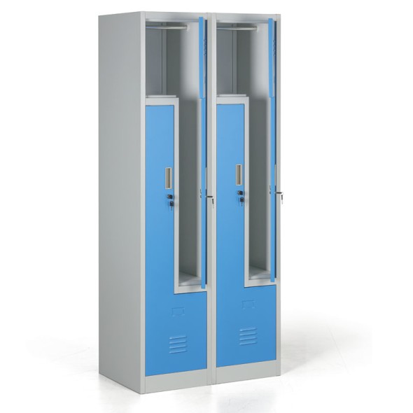 Metallspind, Z-Türen, 4 Fächer, Zylinderschloss, blaue Türen