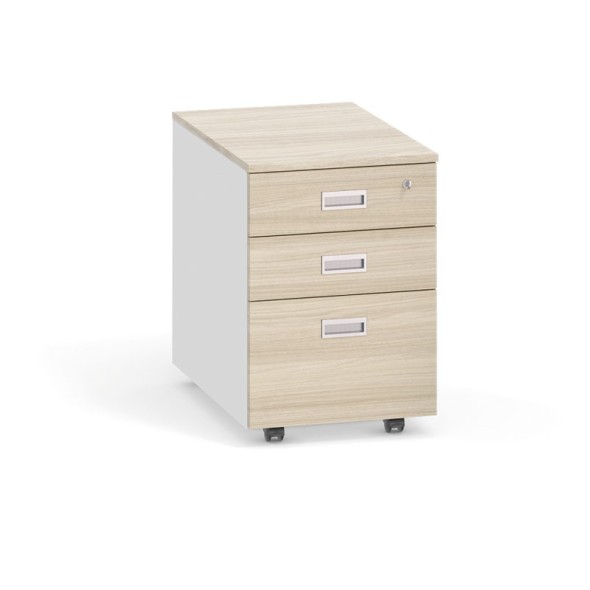 Schreibtischcontainer, Rollcontainer mit Hängeregister PRIMO, 3 Schubladen, weiß / Eiche natur