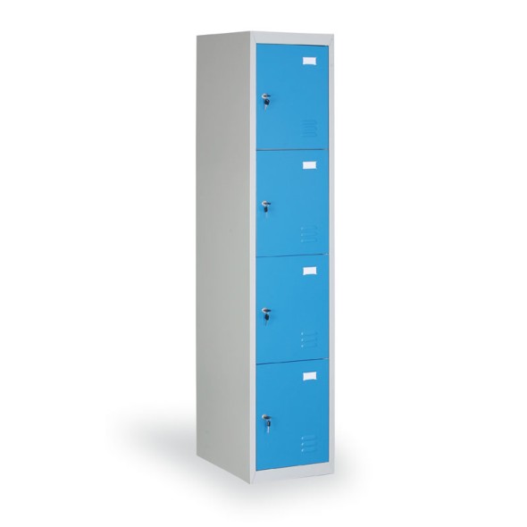 Schließfachschrank mit Aufbewahrungsboxen, 4 Boxen, blaue Tür, Zylinderschloss