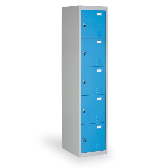 Schließfachschrank mit Aufbewahrungsboxen, 5 Boxen, blaue Tür, Zylinderschloss