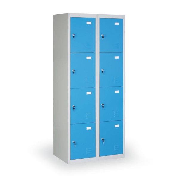 Schließfachschrank mit Aufbewahrungsboxen, 8 Boxen, blaue Tür, Zylinderschloss