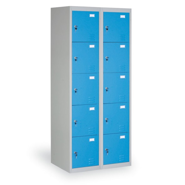 Schließfachschrank mit Aufbewahrungsboxen, 10 Boxen, blaue Tür, Zylinderschloss